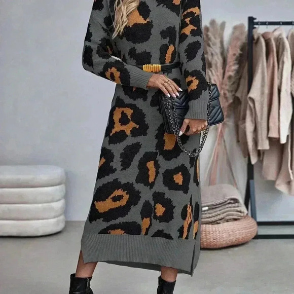 Multicolor Casual Women's Leopard Print Turtleneck Sweater Dress - Picture 6 of 6